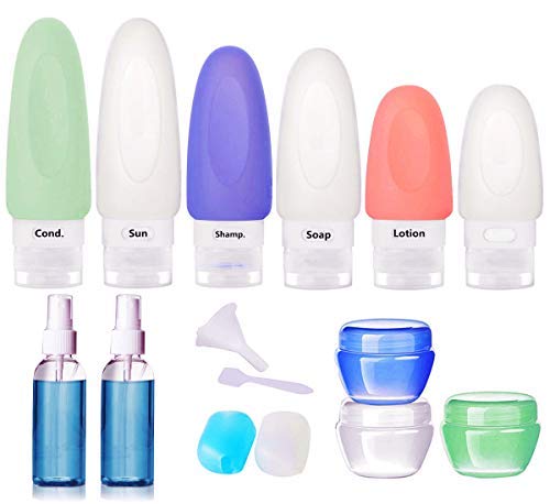 KIKOMO 17 Pcs Silicone Travel Bottles for Toiletries, TSA Approved Leak Proof Travel Containers Squeezable Travel Accessories for Shampoo Conditioner Lotion