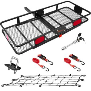 king bird folding hitch mount cargo carrier 60x24x6 with hitch lock & hitch stabilizer & cargo net & ratchet straps fits to 2'' receiver,550lbs capacity cargo basket | trailer tow hitch cargo carrier