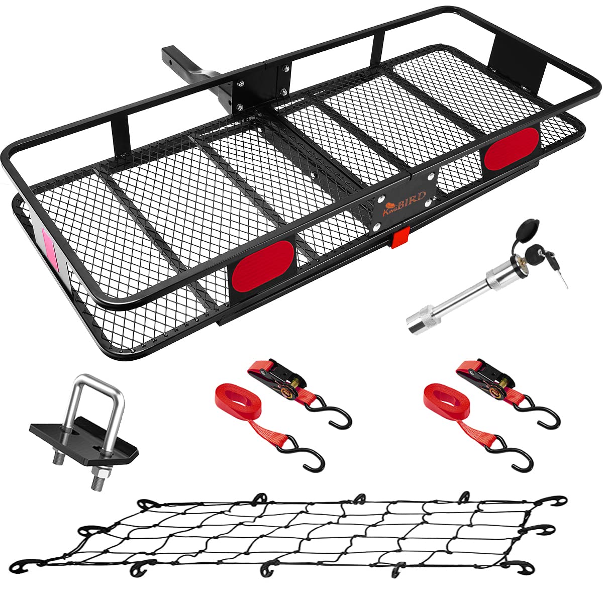 King Bird Folding Hitch Mount Cargo Carrier 60x24x6 with Hitch Lock & Hitch Stabilizer & Cargo Net & Ratchet Straps Fits to 2'' Receiver,550LBS Capacity Cargo Basket | Trailer Tow Hitch Cargo Carrier