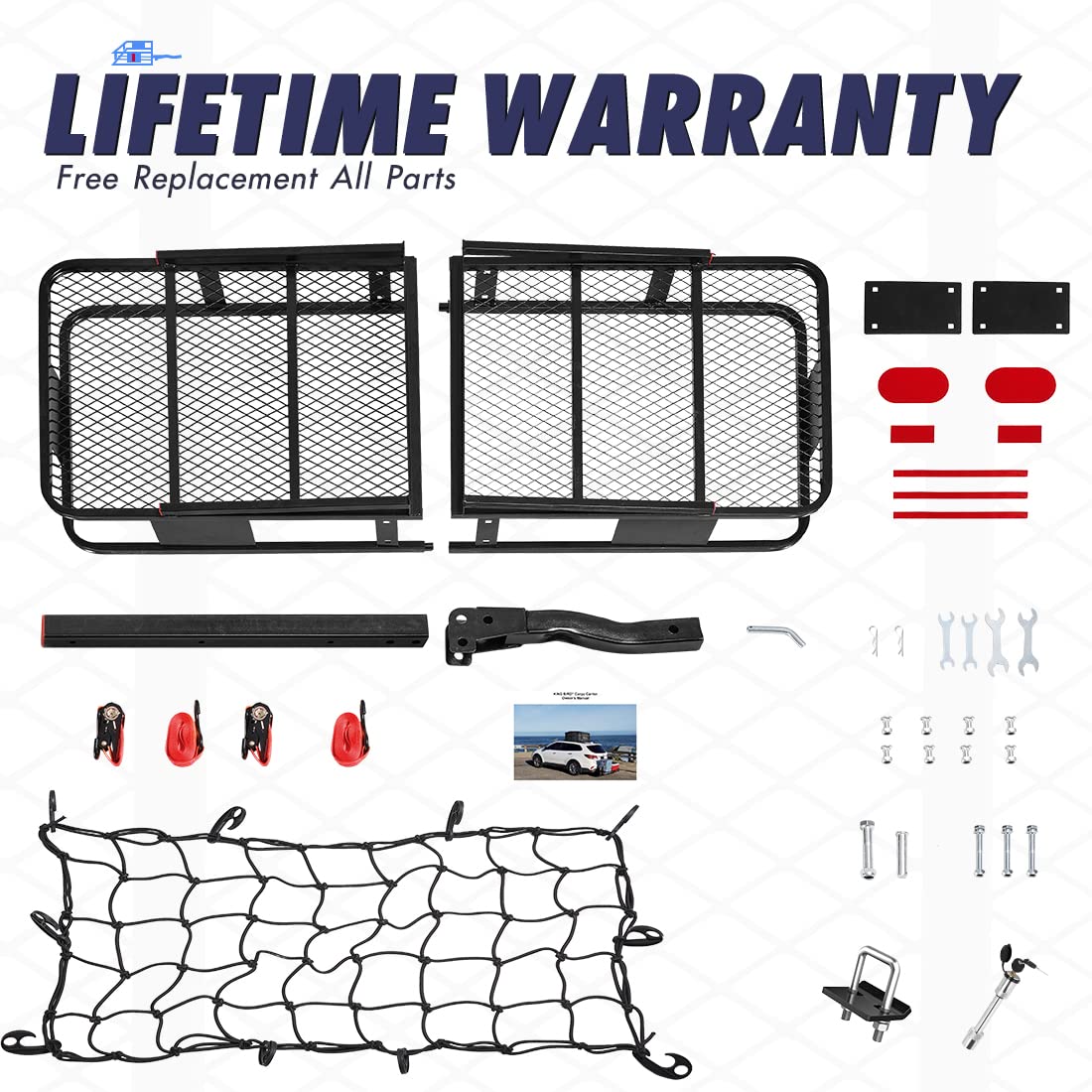 King Bird Folding Hitch Mount Cargo Carrier 60x24x6 with Hitch Lock & Hitch Stabilizer & Cargo Net & Ratchet Straps Fits to 2'' Receiver,550LBS Capacity Cargo Basket | Trailer Tow Hitch Cargo Carrier