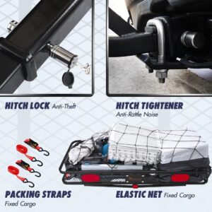 King Bird Folding Hitch Mount Cargo Carrier 60x24x6 with Hitch Lock & Hitch Stabilizer & Cargo Net & Ratchet Straps Fits to 2'' Receiver,550LBS Capacity Cargo Basket | Trailer Tow Hitch Cargo Carrier