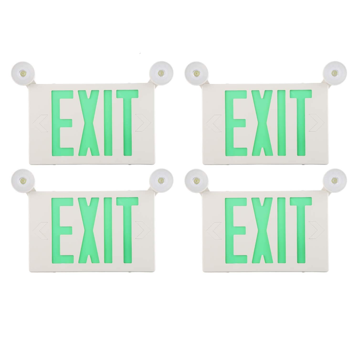 SPECTSUN LED Exit Sign Battery Backup, Green Exit Emergency Light with 2 Lamp Heads, Fire Exit Sign with Emergency Lights, Hardwired Exit Sign - 4 Pack, Ceiling/Wall Mount 2 sided Exit Sign with Arrow