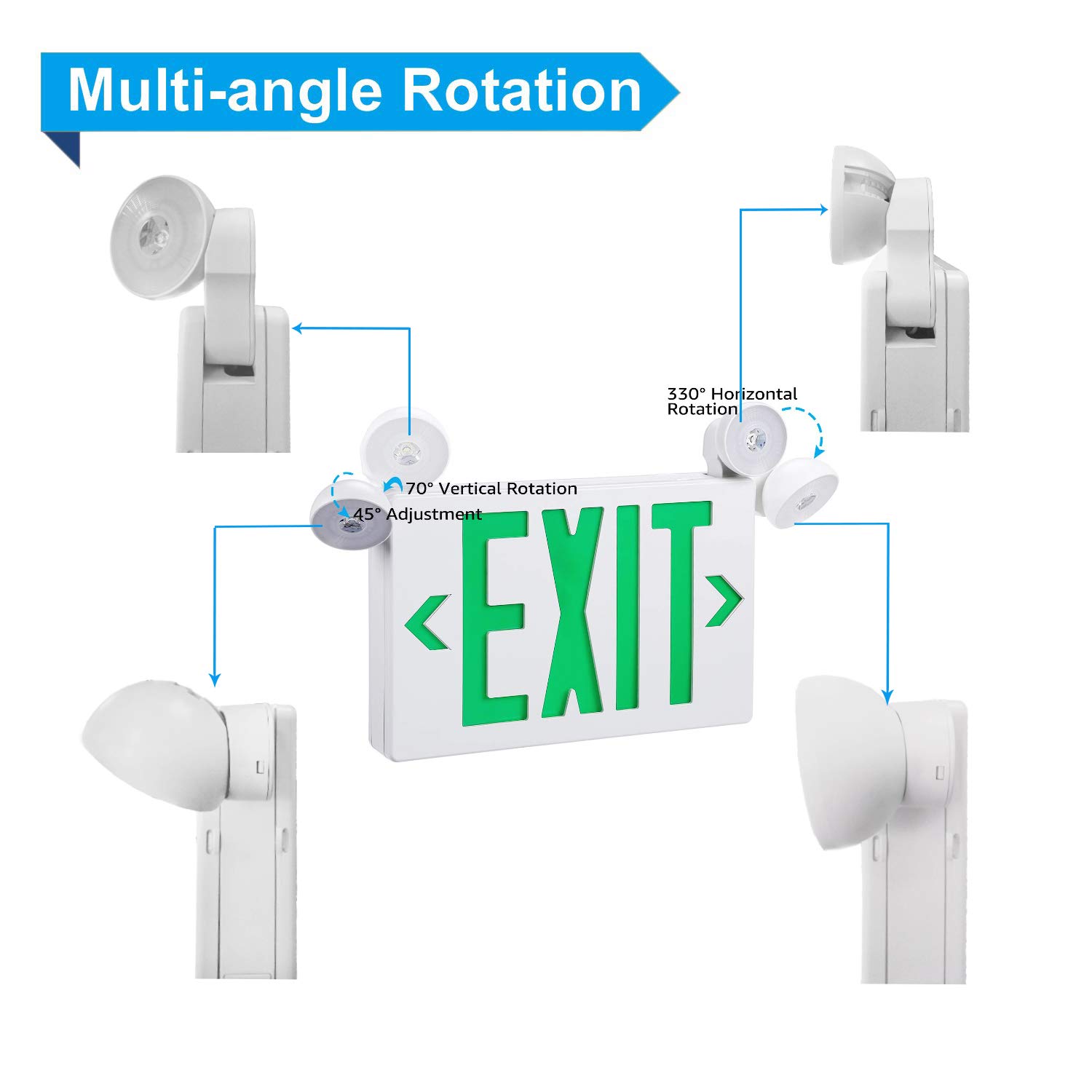 SPECTSUN LED Exit Sign Battery Backup, Green Exit Emergency Light with 2 Lamp Heads, Fire Exit Sign with Emergency Lights, Hardwired Exit Sign - 4 Pack, Ceiling/Wall Mount 2 sided Exit Sign with Arrow