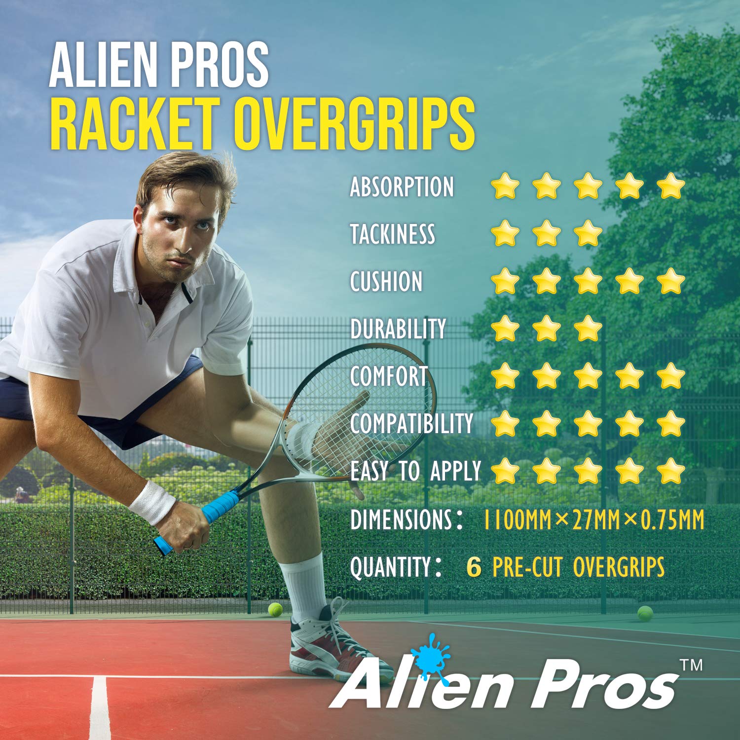 ALIEN PROS Tennis Racket Grip Tape (6 Grips) – Precut and Light Tac Feel Tennis Grip – Tennis Overgrip Grip Tape Tennis Racket – Wrap Your Racquet for High Performance (6 Grips, Blue)