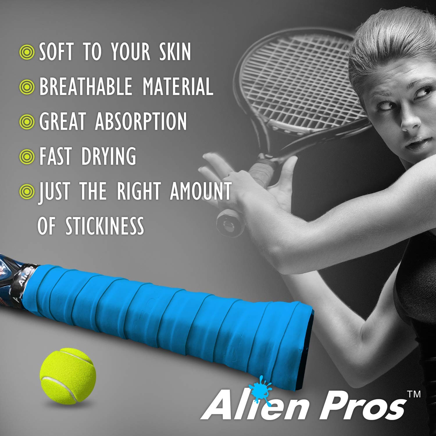 ALIEN PROS Tennis Racket Grip Tape (6 Grips) – Precut and Light Tac Feel Tennis Grip – Tennis Overgrip Grip Tape Tennis Racket – Wrap Your Racquet for High Performance (6 Grips, Blue)