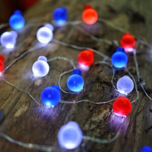 JASHIKA Patriotic Red White Blue Bulb Shape LED String Lights for Independence Day Decoration Parade Barbecue Party Picnic, 30 LEDs with Multi-Function Remote