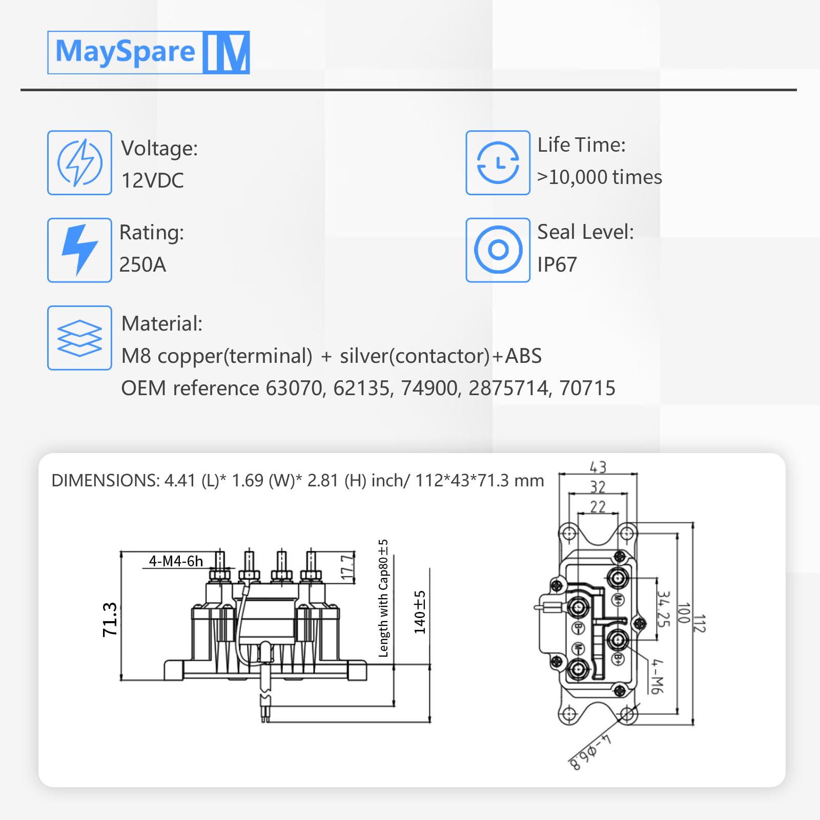 MaySpar 12V Winch Relay 250A Winch Solenoid Relay Contactor for ATV UTV Boat 4x4 Vehicles 1500-5000lbs with 6 Protecting Caps-Replacement Number 63070 62135 74900 2875714 70715