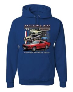wild bobby ford mustang classics untamed american spirit cars and trucks unisex graphic hoodie sweatshirt, royal, medium