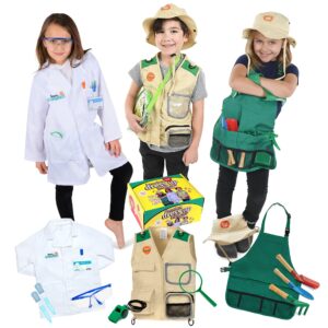 born toys kids costumes set, 3-in-1 dress up & pretend play, ages 3-7, washable, includes scientist, explorer, gardening accessories