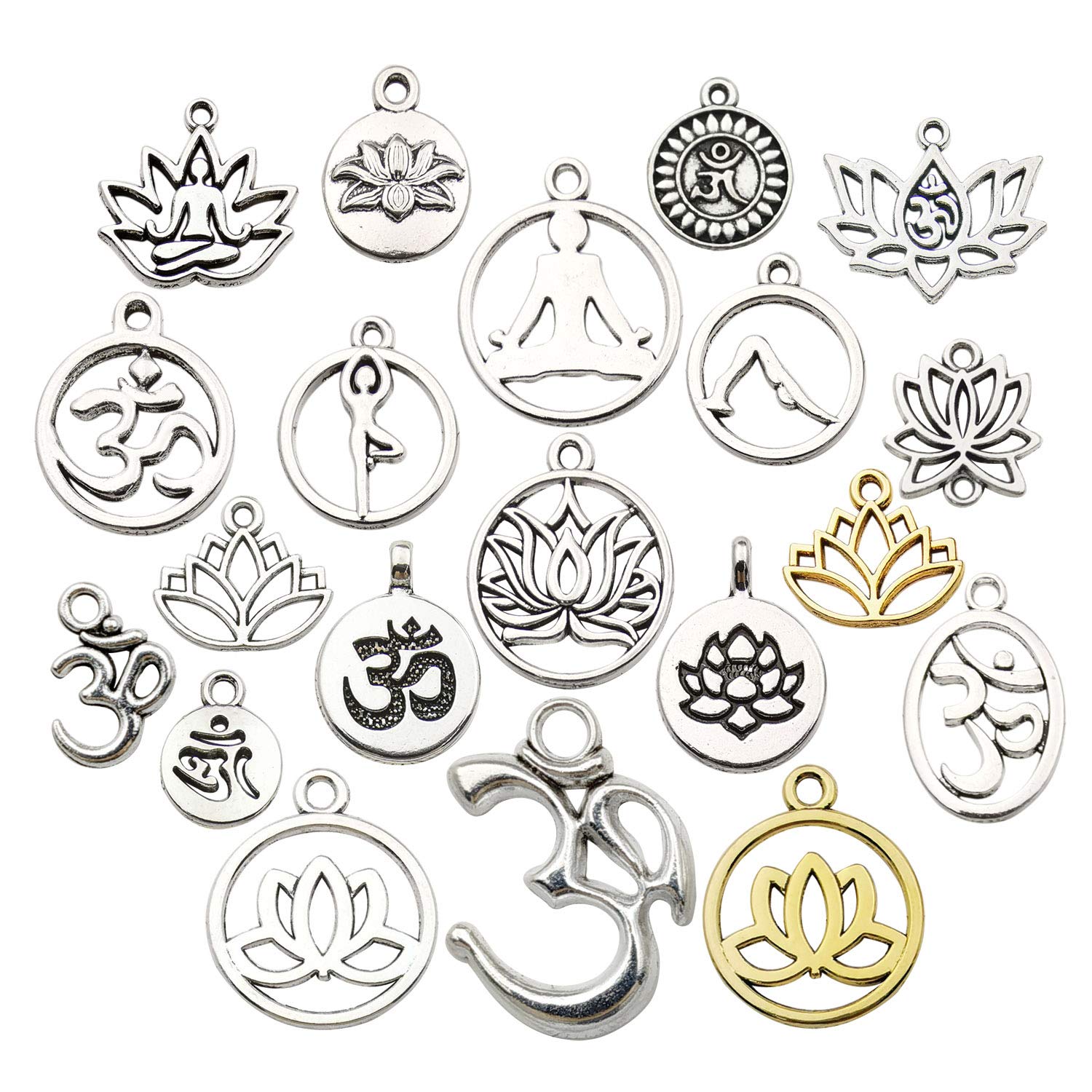 100g(80pcs) Craft Supplies Antique Silver Yoga OM Lotus Flower Charms for Jewelry Making Crafting Findings Accessory for DIY Necklace Bracelet (M294)