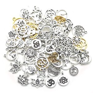 100g(80pcs) Craft Supplies Antique Silver Yoga OM Lotus Flower Charms for Jewelry Making Crafting Findings Accessory for DIY Necklace Bracelet (M294)