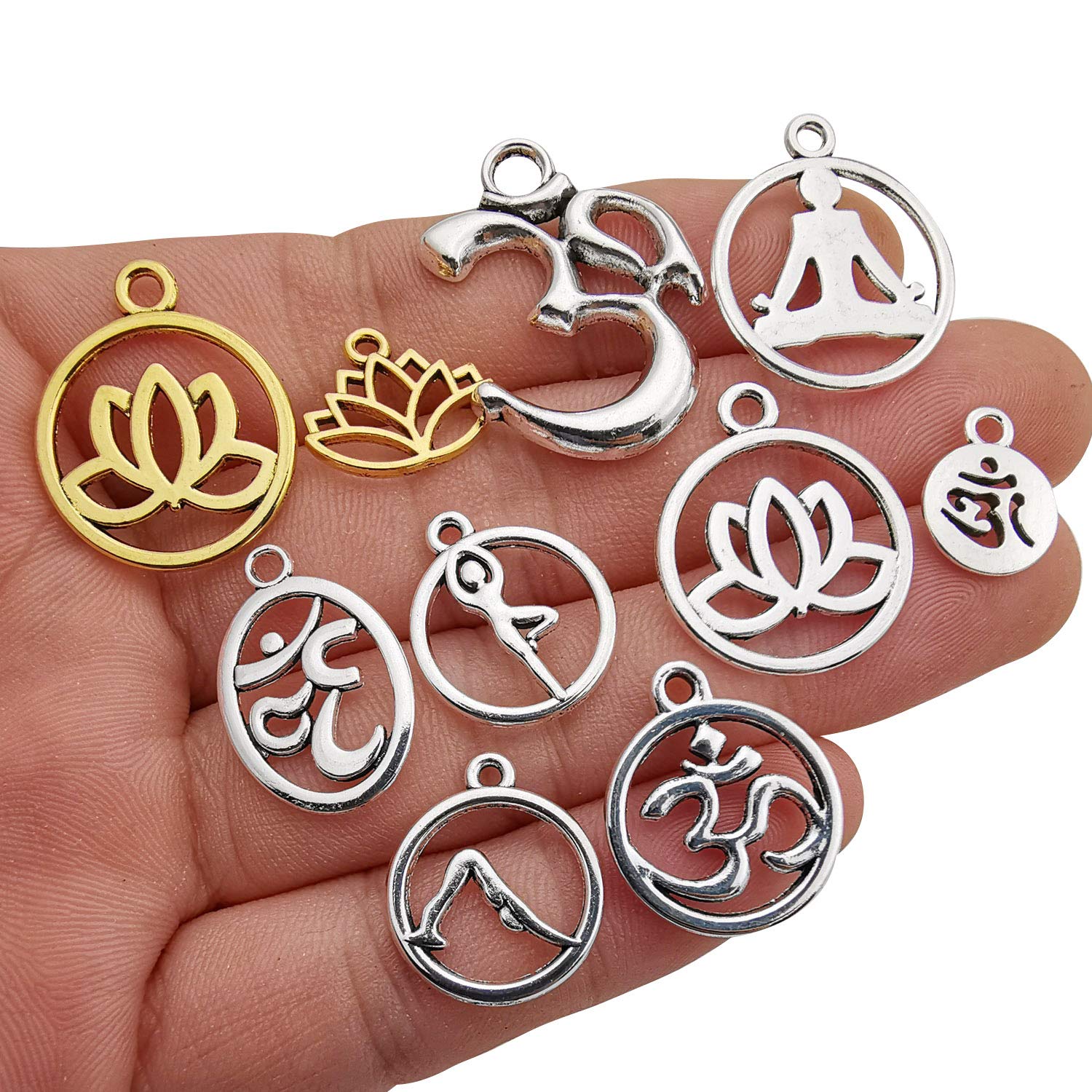 100g(80pcs) Craft Supplies Antique Silver Yoga OM Lotus Flower Charms for Jewelry Making Crafting Findings Accessory for DIY Necklace Bracelet (M294)