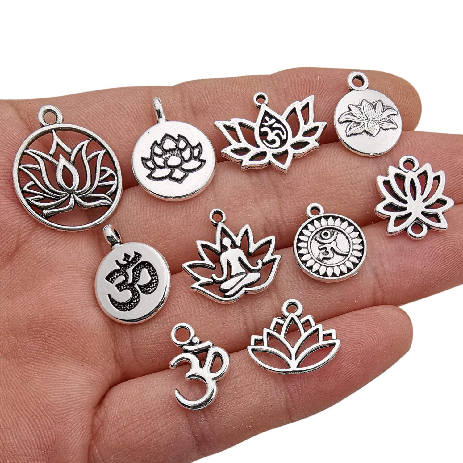 100g(80pcs) Craft Supplies Antique Silver Yoga OM Lotus Flower Charms for Jewelry Making Crafting Findings Accessory for DIY Necklace Bracelet (M294)