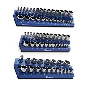 olsa tools magnetic socket organizer | 3 piece socket holder kit | 1/2-inch, 3/8-inch, 1/4-inch drive | metric blue | holds 75 sockets | professional-grade