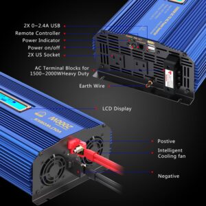 Power Inverter 2000w DC 12V to AC 120V ETL UL458 Modified Sine Wave Inverter with LCD Display Remote Control 2 AC Outlets 1 AC hardwire terminal Dual 2.4A USB Ports for Car RV Truck Boat by VOLTWORKS