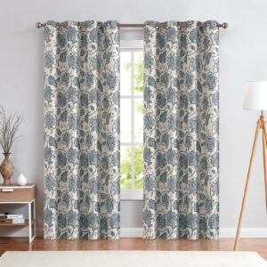 jinchan Farmhouse Curtains for Living Romm, Linen Textured Floral Curtains 96 Inch Length, Room Darkening Vintage Drapes for Bedroom, Grommet Top Window Treatments, 2 Panels Blue on Greige