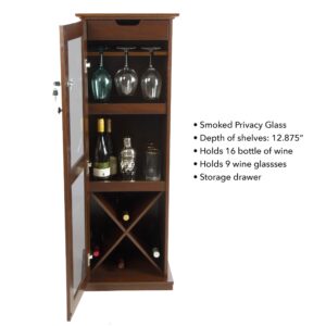 Atlantic Herrin Bar Cabinet, Tempered Glass Lockable Door, European Hidden Hinges, Storage for 9 Wine Glasses & 16 Bottles of Wine, Accessory Drawer & Liquor Storage, PN 38408116 – Textured Chestnut