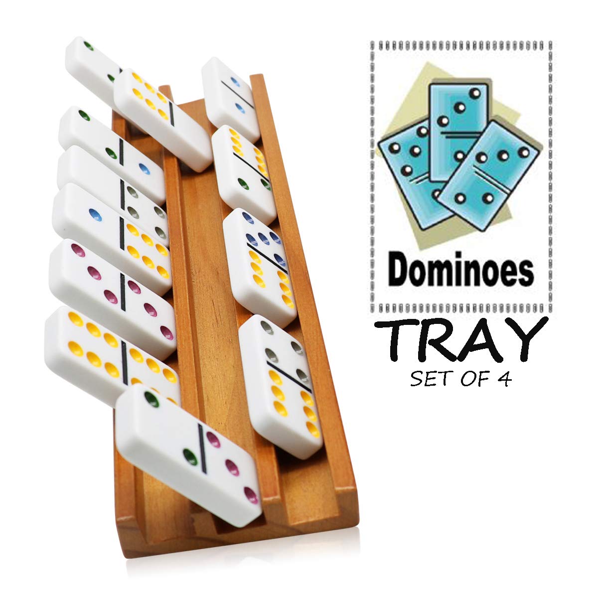 Exqline Wooden Domino Racks Trays Holders Organizer(Set of 4) - Premium Domino Tiles Holder Racks for Mexican Train Dominoes Games - Dominos NOT Included