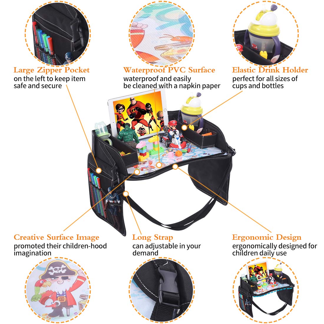 Innokids Kids Travel Lap Tray Children Car Seat Activity Snack and Play Tray Desk with Erasable Surface, iPad & Tablet Holder, Detachable Organizers for Cars, Planes & Baby Stroller (Black)