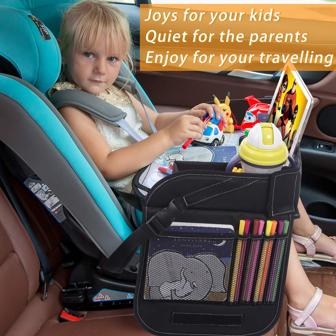 Innokids Kids Travel Lap Tray Children Car Seat Activity Snack and Play Tray Desk with Erasable Surface, iPad & Tablet Holder, Detachable Organizers for Cars, Planes & Baby Stroller (Black)