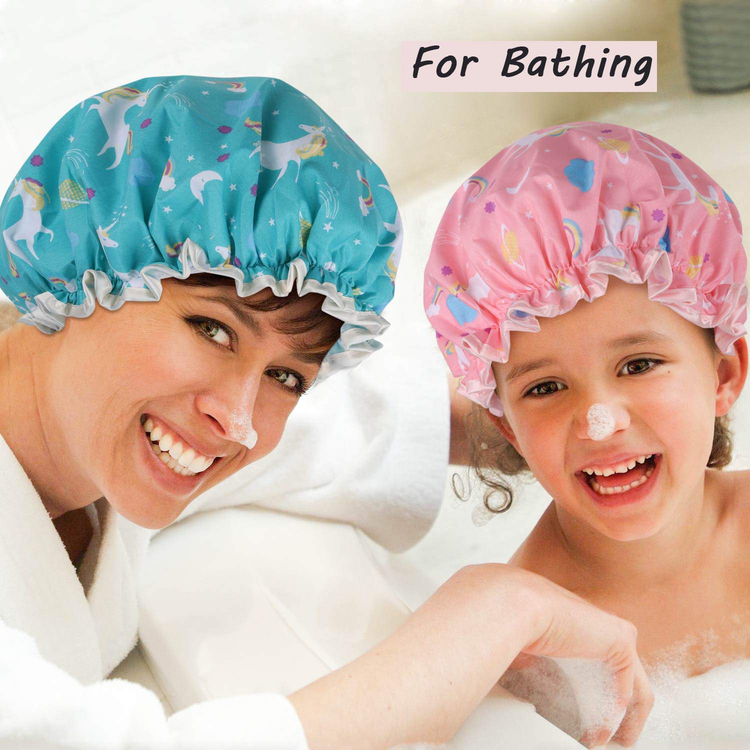 Unicorn Shower Caps, Double Layers Bath Hat for Women Girls to Cover Long and Thick Hair, Reusable Waterproof Bonnet 4 Pack