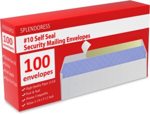 100 mailing envelopes, self seal letter size, number #10 white windowless security tinted envelope, 4-1/8 x 9-1/2 inches, quality 24 lb