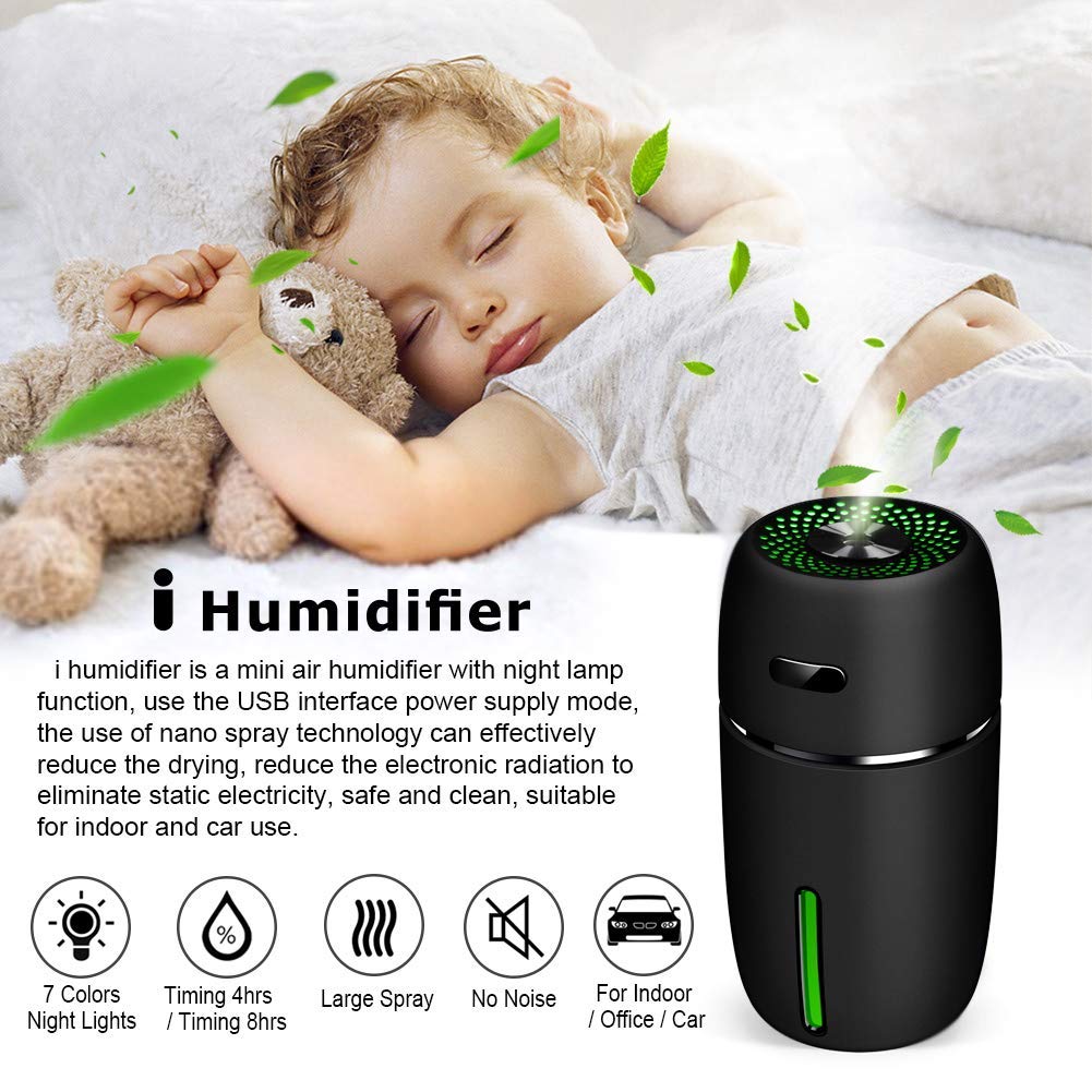 Lion Palace Car Mini USB Humidifie,200ml Capacity,Led Running Lamp,Used for Car Office Room living Room Facial hydration Aromatherapy gift etc. (Black-1)