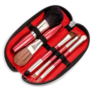 protable mini makeup brushes set with travel case,5pcs cosmetic brushes kit(natural and synthetic hair)-includes foundation-contouring-blending-blush and eyeshadow brushes(travel size) red