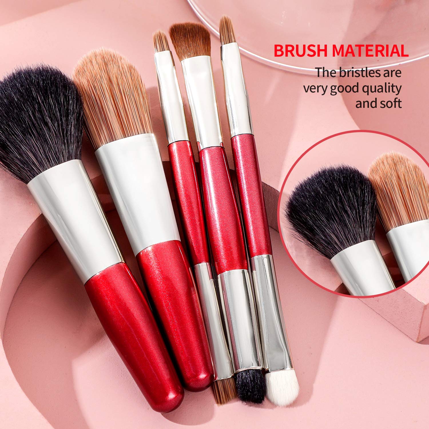 Protable Mini Makeup Brushes Set with Travel Case,5PCS Cosmetic Brushes Kit(Natural and Synthetic Hair)-Includes Foundation-Contouring-Blending-Blush And Eyeshadow Brushes(Travel Size) Red