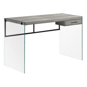 monarch specialties computer desk - contemporary writing desk with drawer - tempered glass legs - 48"l (grey reclaimed wood look)