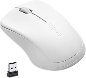 rapoo 1680 silent wireless mouse, 2.4ghz cordless mouse with usb receiver, 1k dpi, 3 buttons computer mouse with 12m battery life, ambidextrous computer mice for pc/tablet/laptop, white