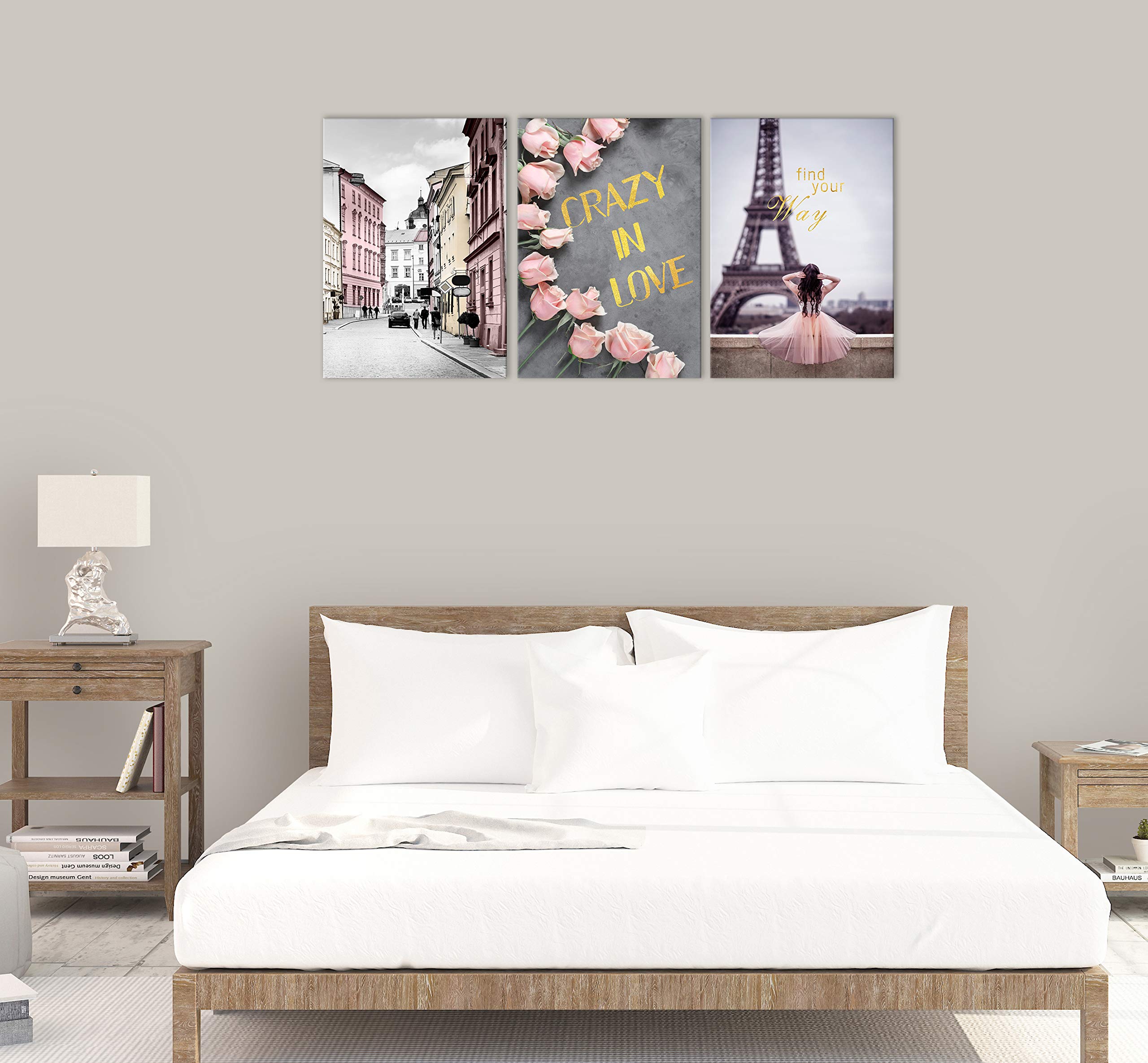 Paris Street Scene Romantic Wall Art Eiffel Tower Painting Pictures Print on Canvas Modern Artwork for Living Room Dining Room Bedroom