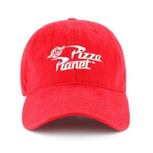 concept one mens disney pixar toy story dad hat, pizza planet delivery cotton adjustable with curved brim baseball cap, red