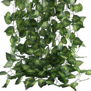 mhmjon fake vines, 12 pack 84 ft artificial hanging vines plants faux silk greenery grape leaf garland for wedding party home office garden outdoor wall decoration