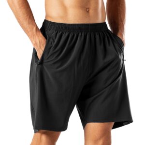 hmiya men's casual sports quick dry workout running or gym training short with zipper pockets(black,l)