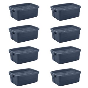 rubbermaid® roughneck storage tote, 10 gal, dark indigo metallic, pack of 8, rugged, reusable, stackable, container