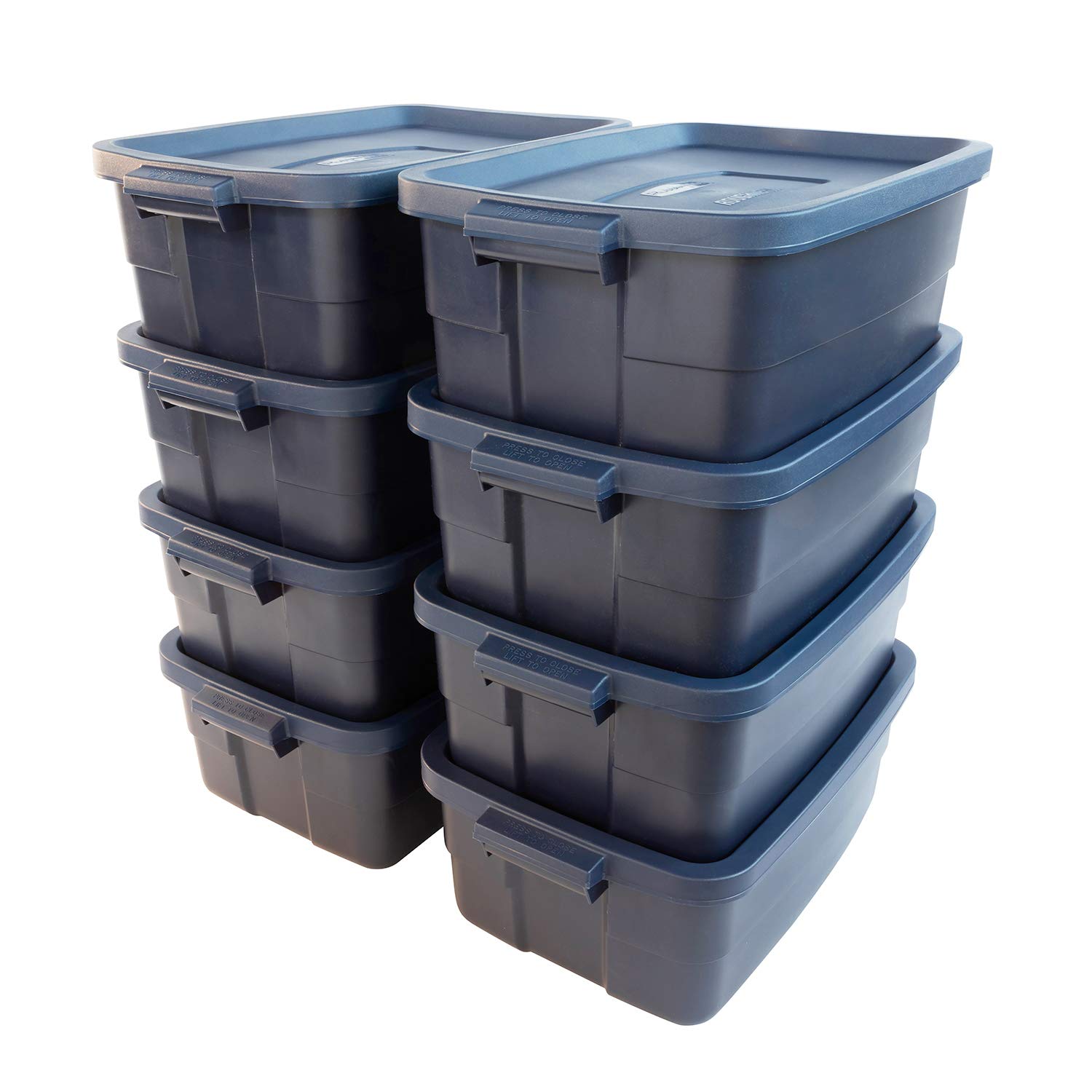 Rubbermaid® Roughneck Storage Tote, 10 Gal, Dark Indigo Metallic, Pack of 8, Rugged, Reusable, Stackable, Container