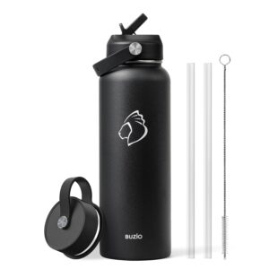 buzio double wall stainless steel sports wide mouth water bottle, bpa-free flex cap and straw lid, 40 ounces & 32 ounces water bottle