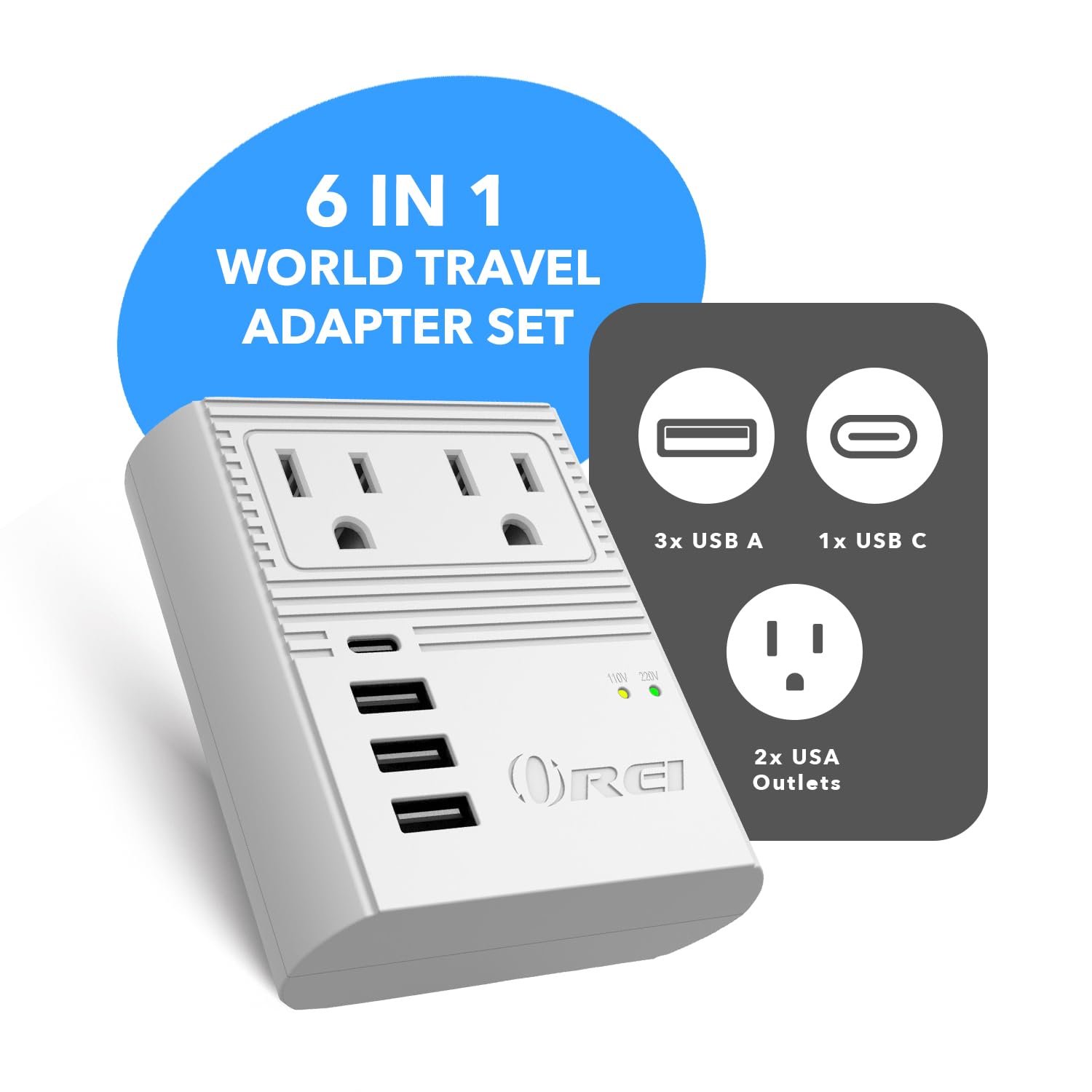 OREI World Travel Plug Adapter M8 Max, 3 USB + Pd 18W USB-C Input - 2 USA Outlets - Attachments for Europe, Asia, China, Japan, Africa - Perfect for Cell Phones, Tablets, Cameras and More