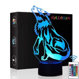 fullosun wolf gifts, 3d night light for kids optical illusion lamp co-sleeping,remote controller with 16 color changing birthday gifts & for kids, boys & men