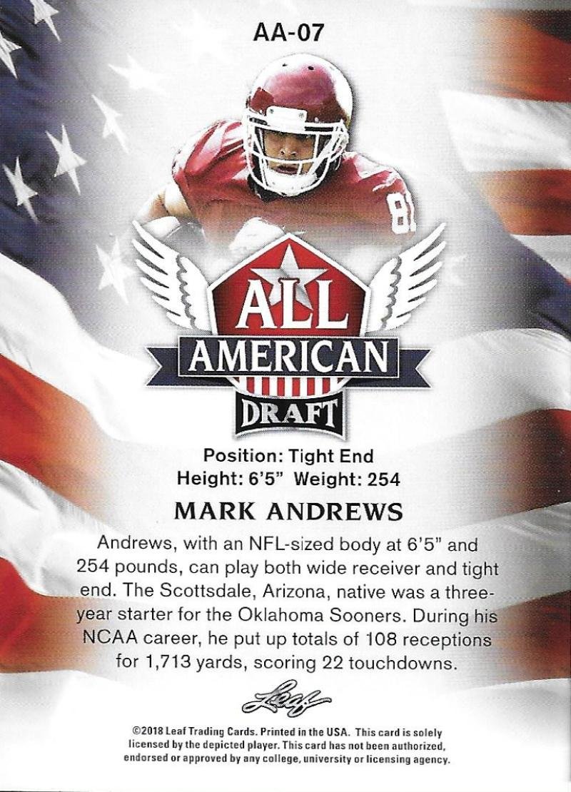 2018 Leaf Draft All-American #AA-07 Mark Andrews Baltimore Ravens (RC - Rookie Card Insert)(NFL Football Draft Pick) NFL Football Card NM-MT