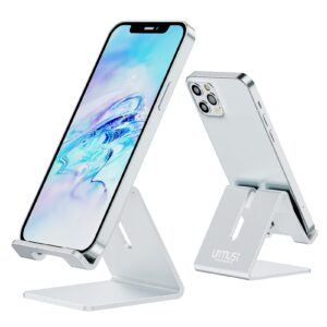 urmust desk cell phone stand holder aluminum phone dock cradle compatible with switch, for iphone 14 13 12 11 pro xs xs max xr x 8 7 6 6s plus 5 5s 5c, office decor accessories desk (silver)