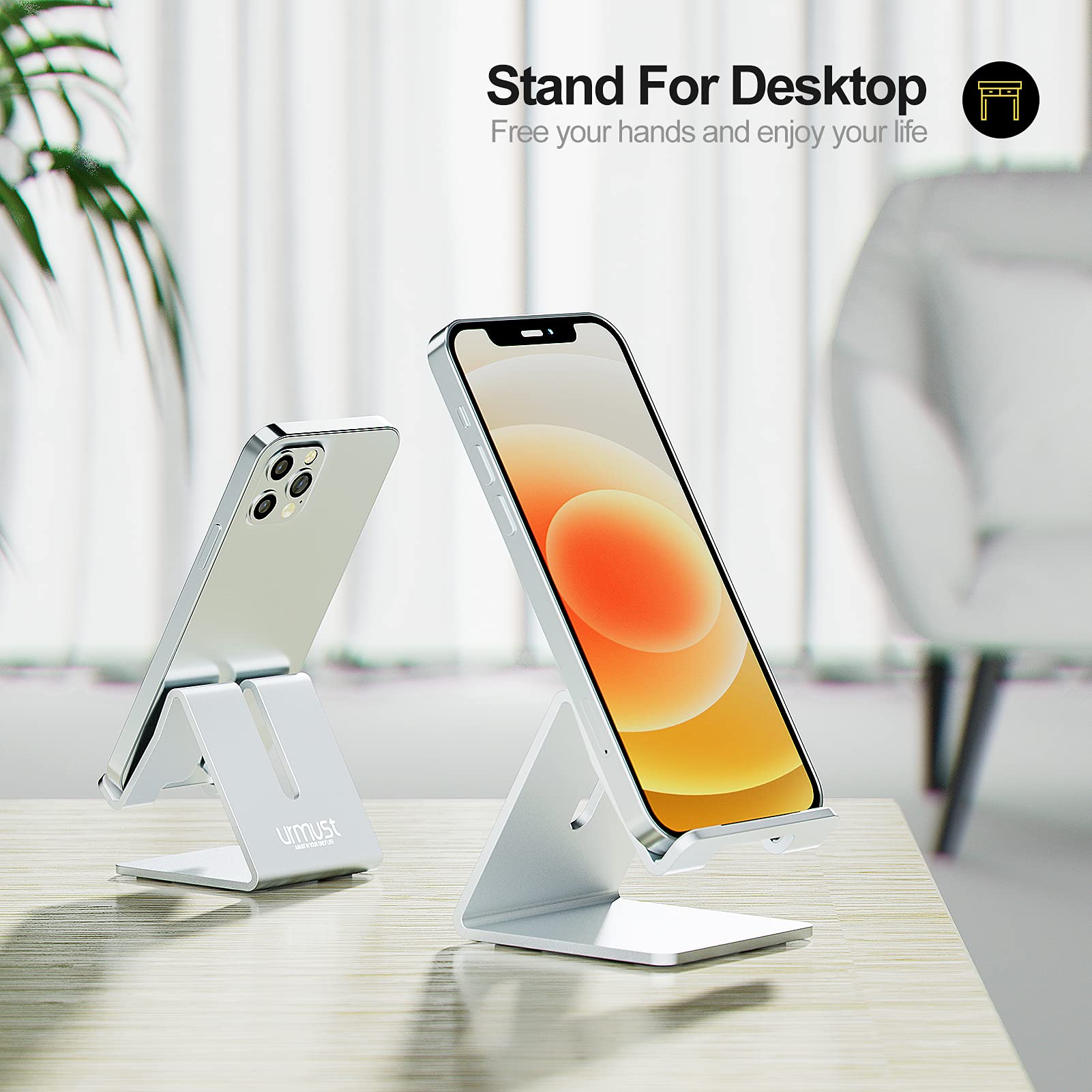 Urmust Desk Cell Phone Stand Holder Aluminum Phone Dock Cradle Compatible with Switch, for iPhone 14 13 12 11 Pro Xs Xs Max Xr X 8 7 6 6s Plus 5 5s 5c, Office Decor Accessories Desk (Silver)