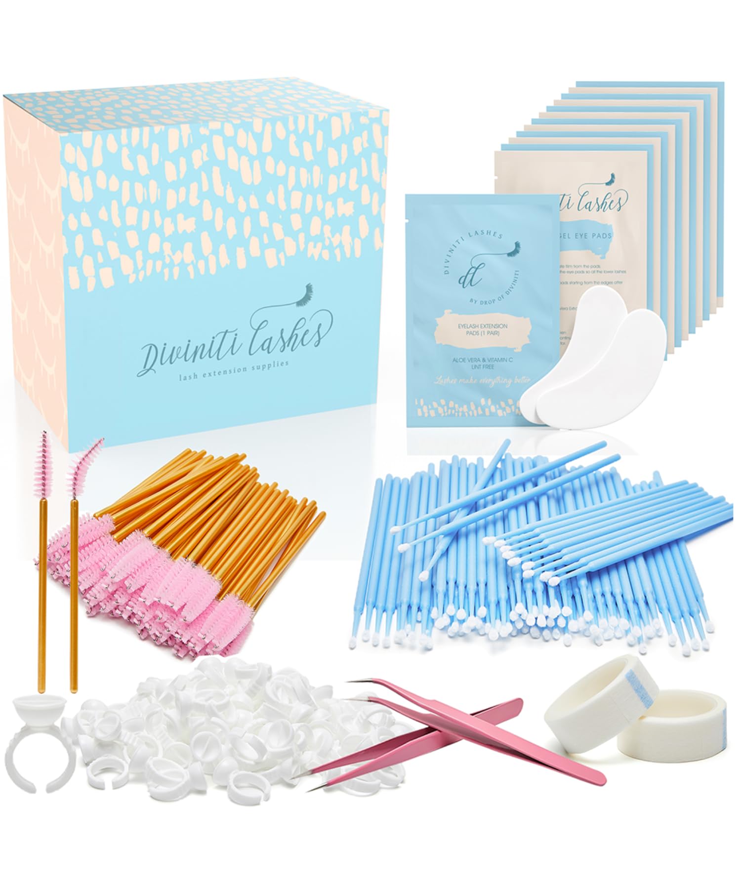 Lash Extension Supplies, Spa Gifts for Adults - Lash Tech Supplies for Eyelash Extension Supplies - Under Eye Pads, Tweezers, Wands, Swabs, Glue Rings, Eyelash Extension Tape, White Elephant