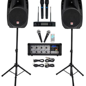 Rockville RPG2X15 Powered Bluetooth Mixer+(2) 15" Speakers+Stands+Wireless Mics