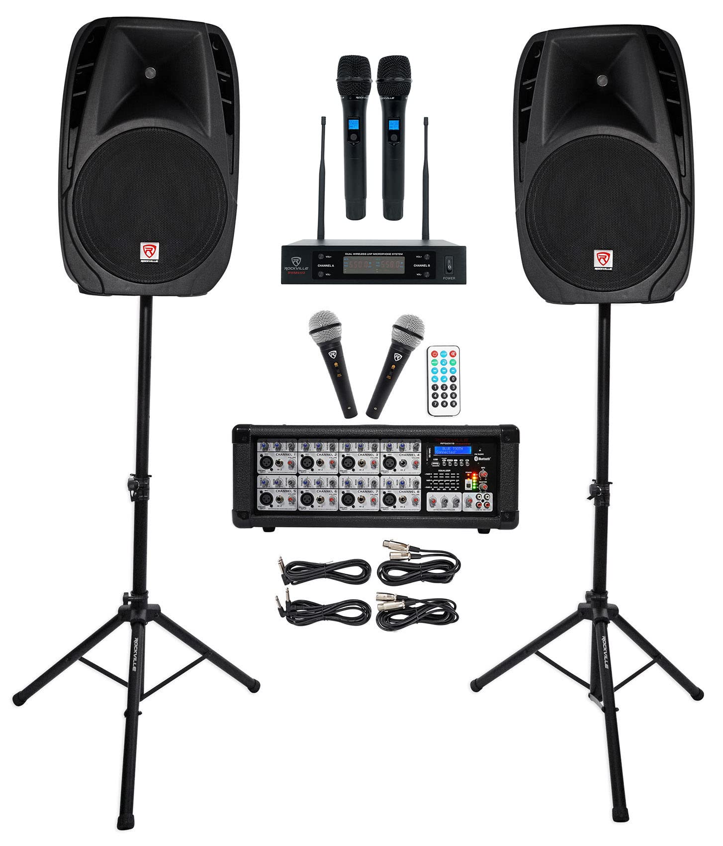 Rockville RPG2X15 Powered Bluetooth Mixer+(2) 15" Speakers+Stands+Wireless Mics