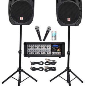 Rockville RPG2X15 Powered Bluetooth Mixer+(2) 15" Speakers+Stands+Wireless Mics