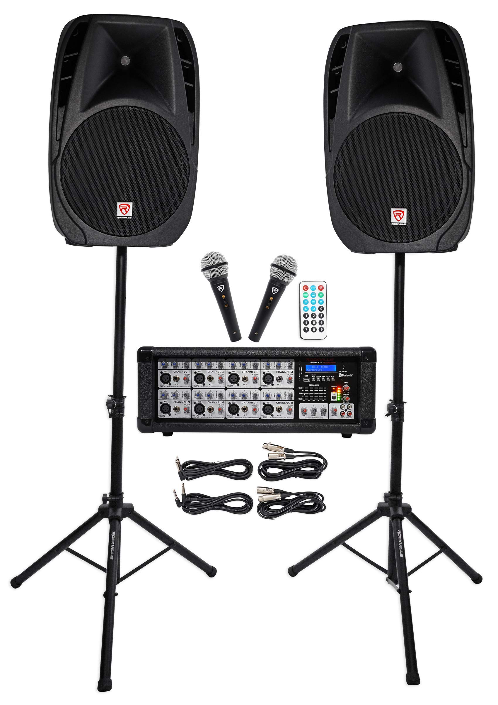 Rockville RPG2X15 Powered Bluetooth Mixer+(2) 15" Speakers+Stands+Wireless Mics