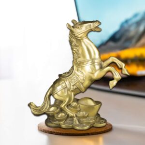 OHAYA Fengshui Brass Rich Horse Standing Statue Wealth Horse Stallion Loving/Playing Handmade Art Figurine Sculpture Home Decor Collectible Gift