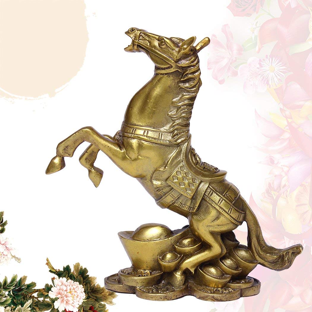 OHAYA Fengshui Brass Rich Horse Standing Statue Wealth Horse Stallion Loving/Playing Handmade Art Figurine Sculpture Home Decor Collectible Gift